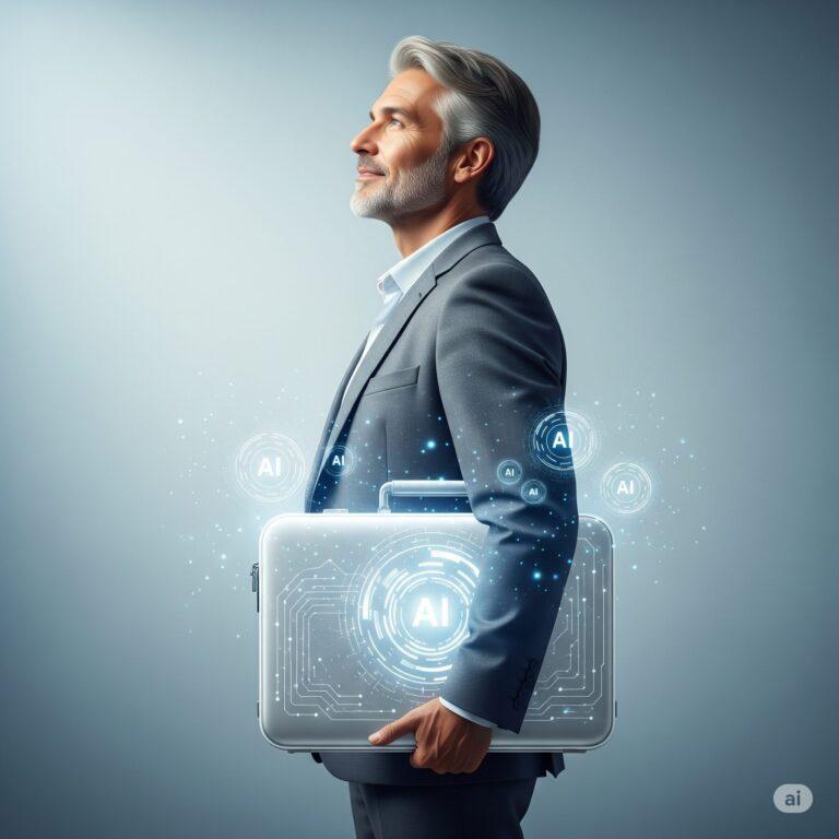 Ejecutivo masculino de más de 45 años, traje sastre, sosteniendo un portafolio con símbolos de IA luminosos, mirando hacia el futuro con una expresión de esperanza y confianza.