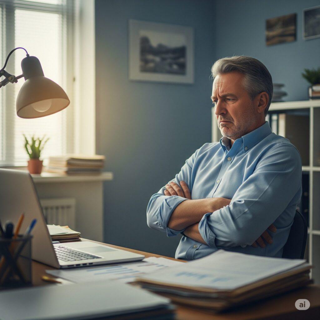 Hombre de 50s con expresión de frustración y brazos cruzados, evitando la interacción con una laptop abierta, simbolizando resistencia a la tecnología.