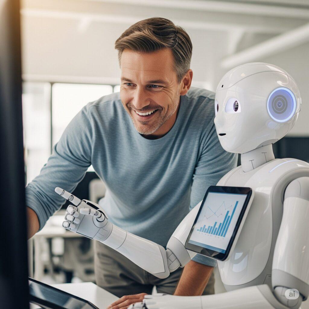 Profesional masculino de 40s-50s sonriendo y colaborando con un robot humanoide amigable que muestra gráficos en una tablet, representando la armonía en el trabajo con IA.