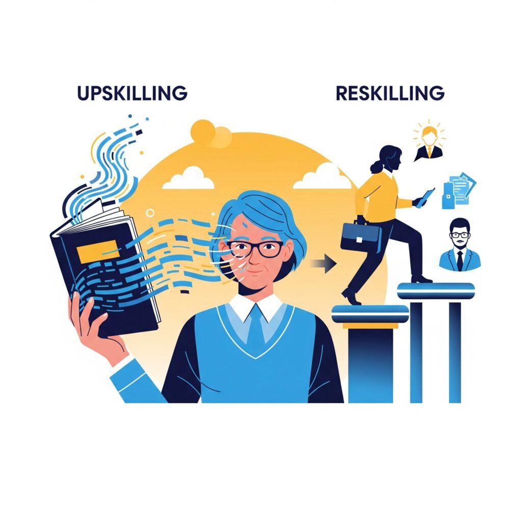 Diagrama conceptual que muestra 'Upskilling' con una persona leyendo un libro con flujos de datos y 'Reskilling' con una persona subiendo a un nuevo podio profesional, representando el desarrollo de habilidades.