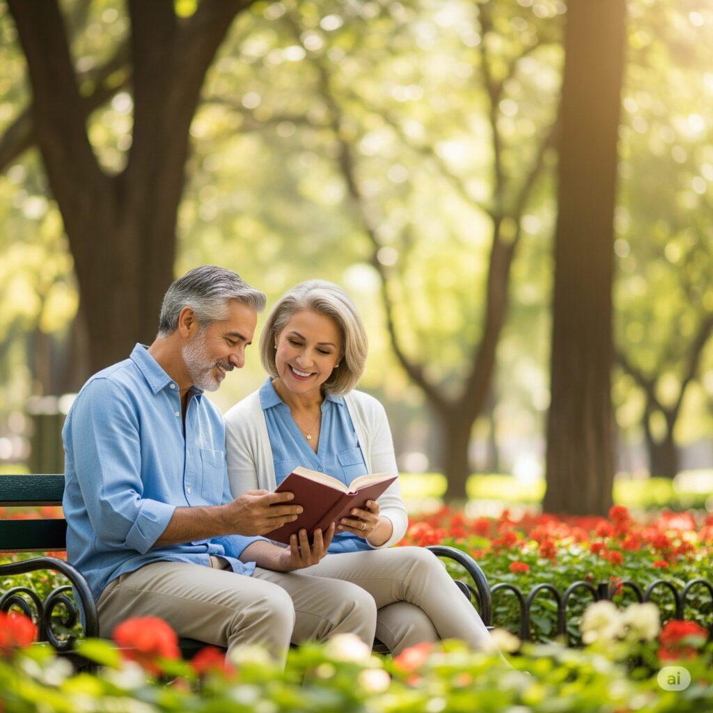 Una pareja madura mexicana sonriendo y leyendo un libro en un parque soleado, simbolizando la libertad y tranquilidad de un retiro bien planificado.