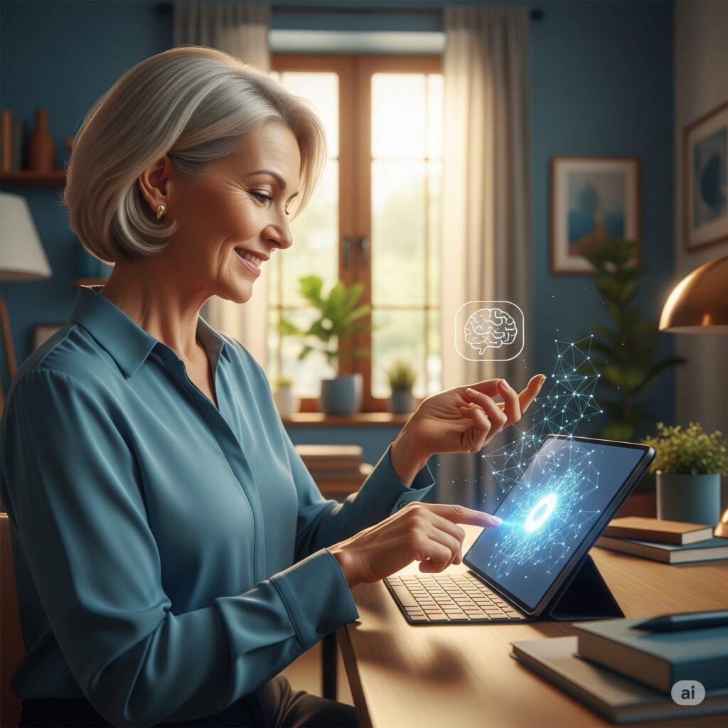 Mujer mexicana de 50 años, sonrisa cálida y mirada confiada, usando una tablet con gráficos de IA en su hogar, símbolo de adaptación y control tecnológico.