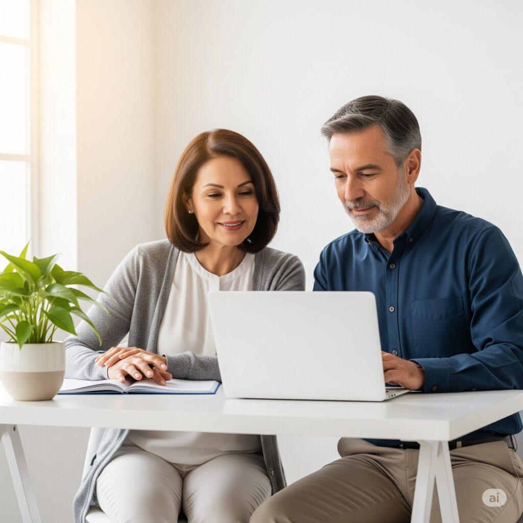 Una pareja madura mexicana (hombre y mujer) sonriendo y colaborando en una laptop en un escritorio, con una planta verde al lado, simbolizando el aprendizaje y el crecimiento financiero y de salud.
