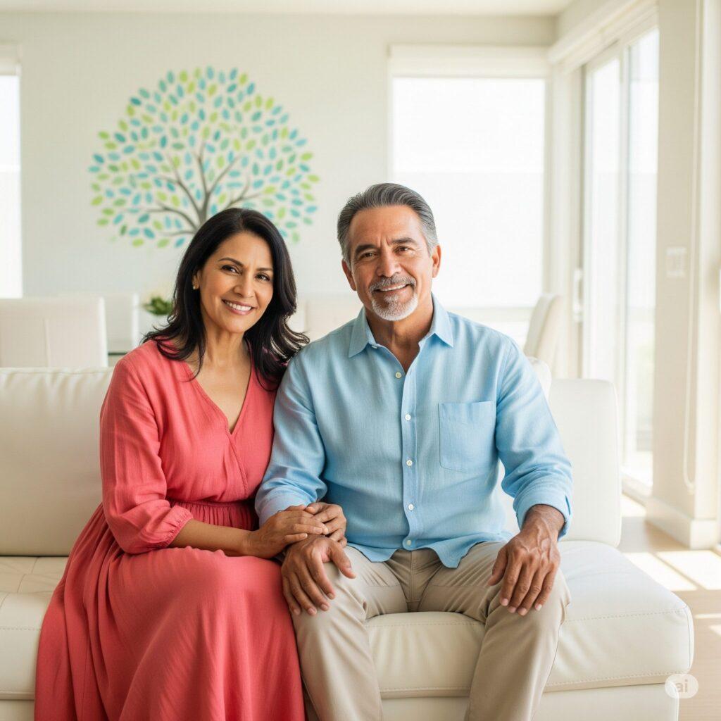 Una pareja madura mexicana sonriendo con tranquilidad en su hogar, simbolizando la protección de la salud con un Seguro de Gastos Médicos Mayores.