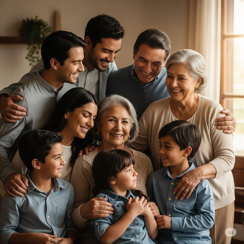 Familia mexicana multigeneracional sonriendo y abrazándose cálidamente, simbolizando la protección y el legado del Seguro de Vida.
