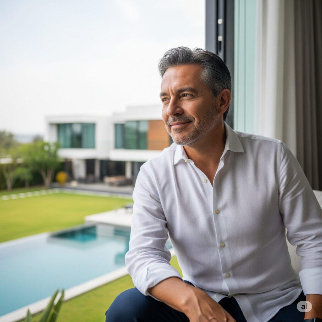 Hombre mexicano de mediana edad, con expresión satisfecha, mirando por una ventana hacia una moderna casa de lujo con piscina, simbolizando la realización de metas financieras y la independencia lograda a través del ahorro