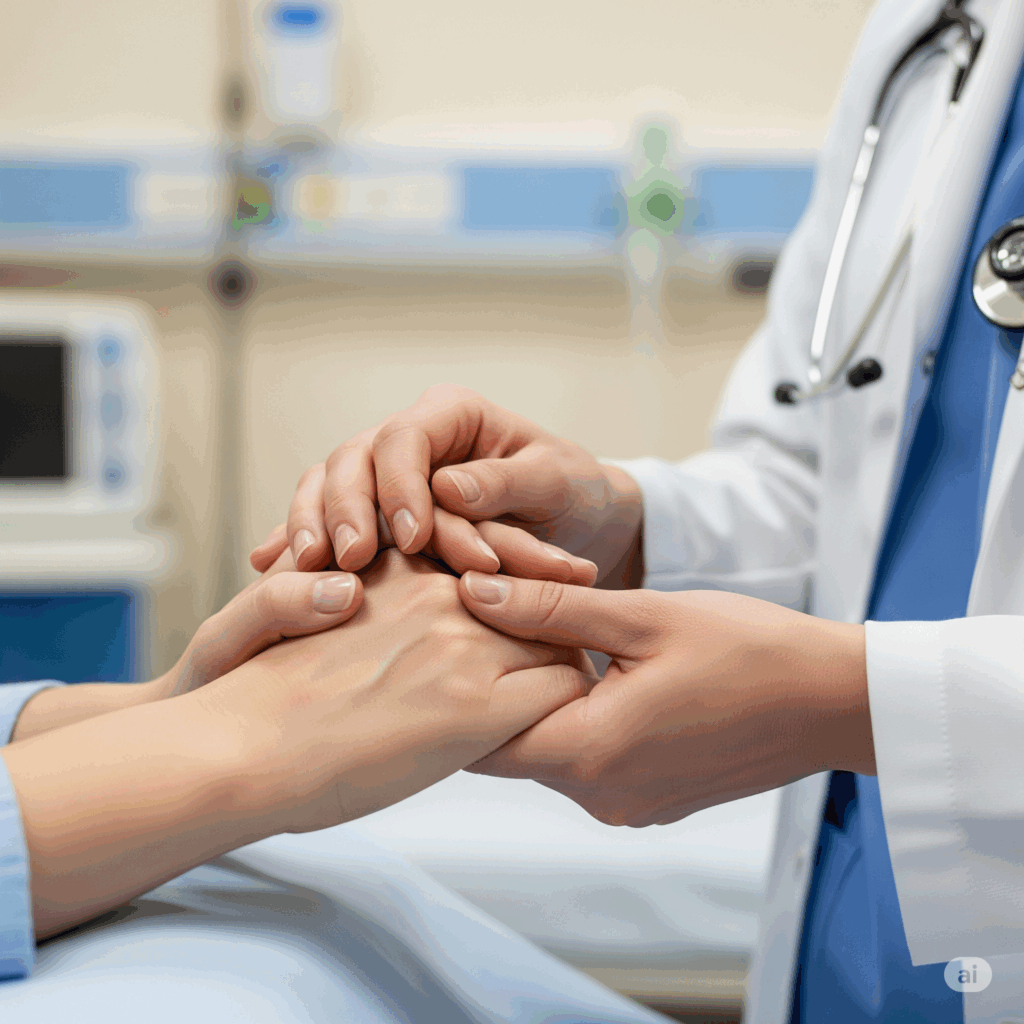 Primer plano de las manos de un doctor sosteniendo suavemente las manos de un paciente, transmitiendo consuelo y apoyo en un entorno hospitalario.